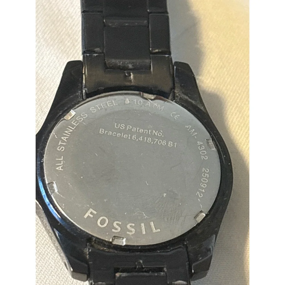 Fossil Watch AM-4302 Mens OS Black Good Stainless Steel Analog Date‎ 10 ATM